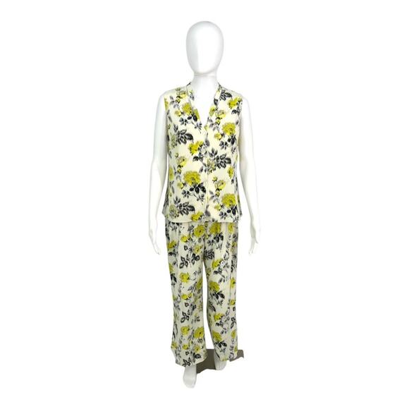 Carolina Herrera 100% Silk Matching 2 Piece Set Yellow Floral Size 10 Top & Pant - Picture 1 of 10